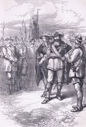 Comisionados desembarcando en Boston 1665, ilustración de la Historia de los Estados Unidos de Cassell publicada por Petter & Galpin c.1890